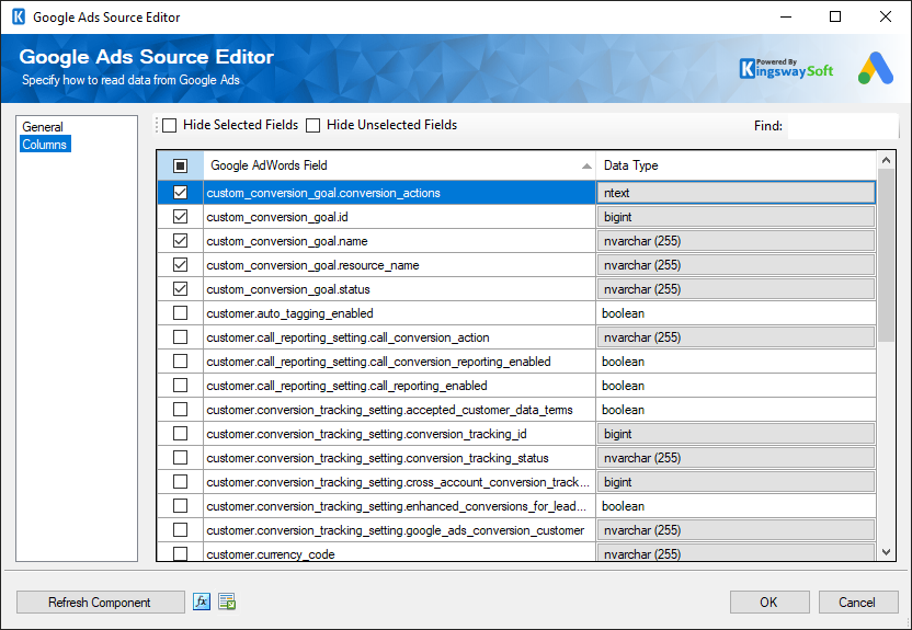 SSIS Google Ads Source - Columns